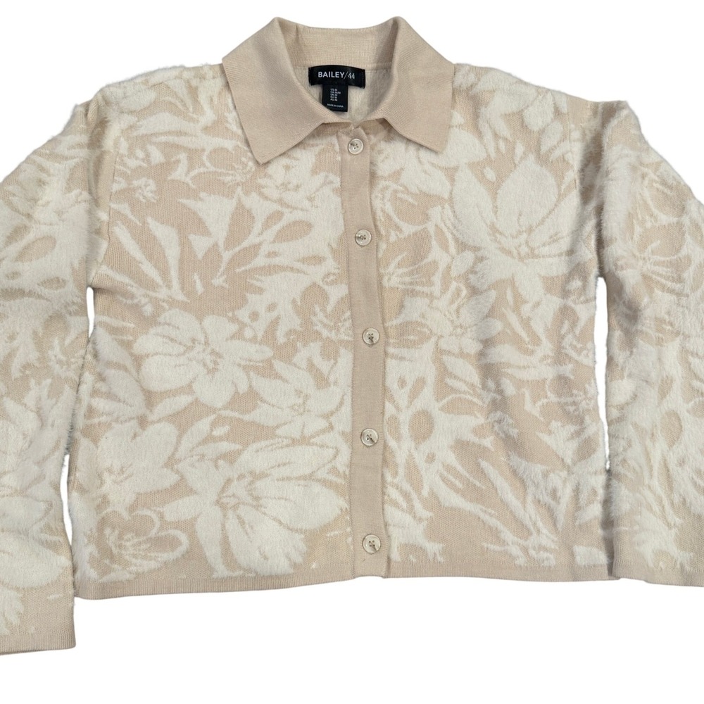 Bailey 44 Floral Jacquard Fuzzy Cardigan Sweater Cream Tan Collared‎ Mens Size M
